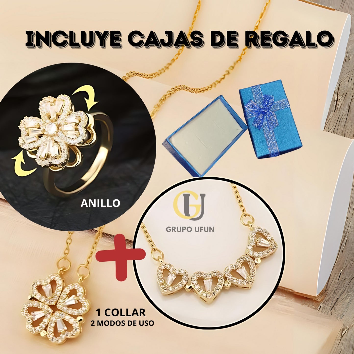 Set Trébol Collar Y Anillo + Caja De Regalo